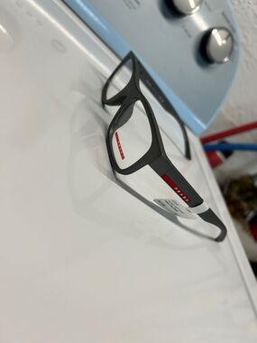 Prada Men's Matte Steel Frames with Red Logo Accents